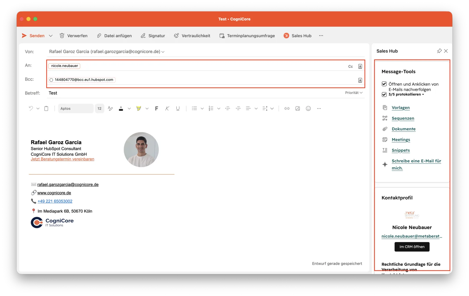 Add-in mit aktivierter Protokollieren-Checkbox: BCC-Adresse automatisch eingetragen, Kontakt erkannt